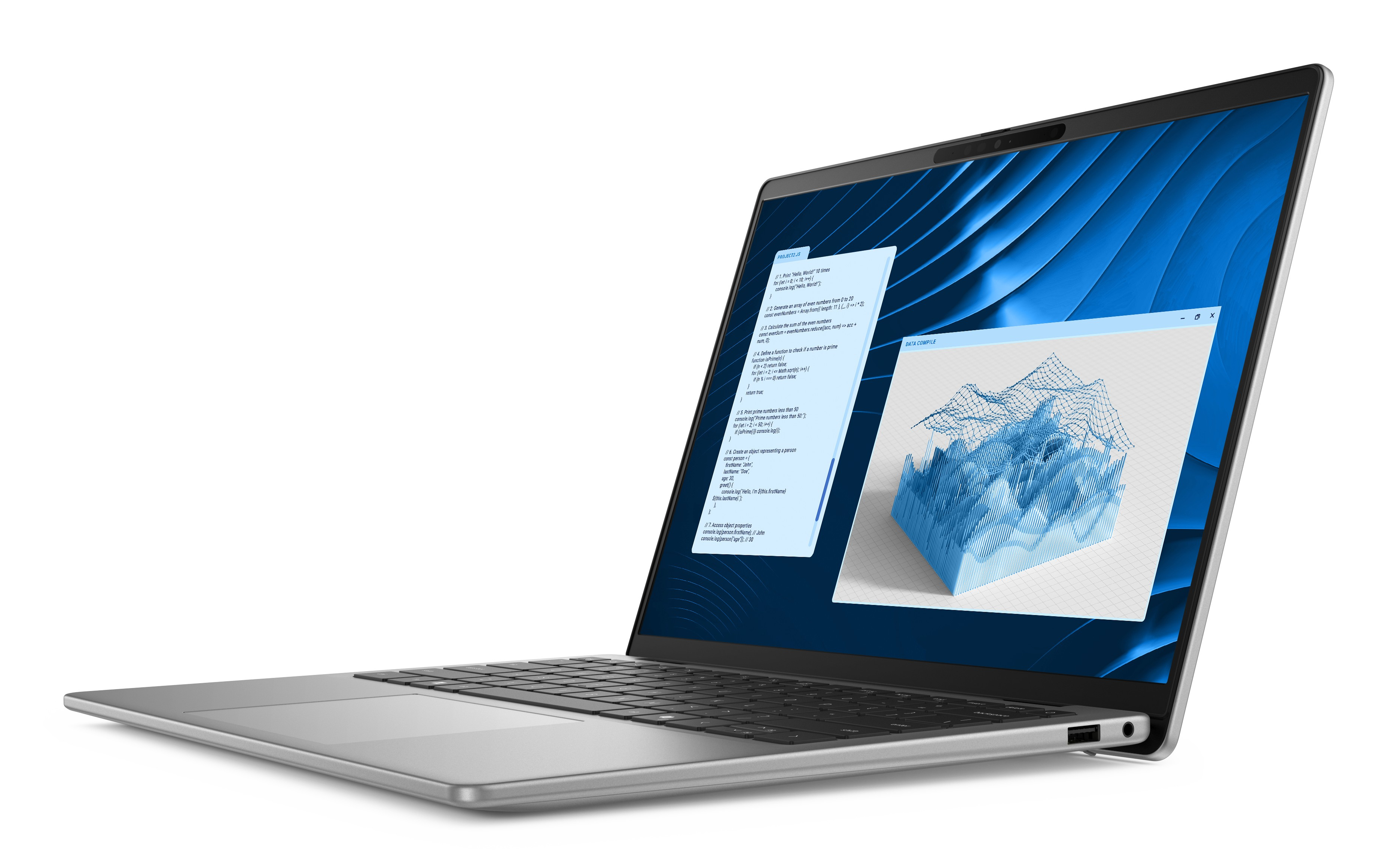 Laptop met twee open vensters met code en een 3D-grafiek op een blauwe achtergrond.