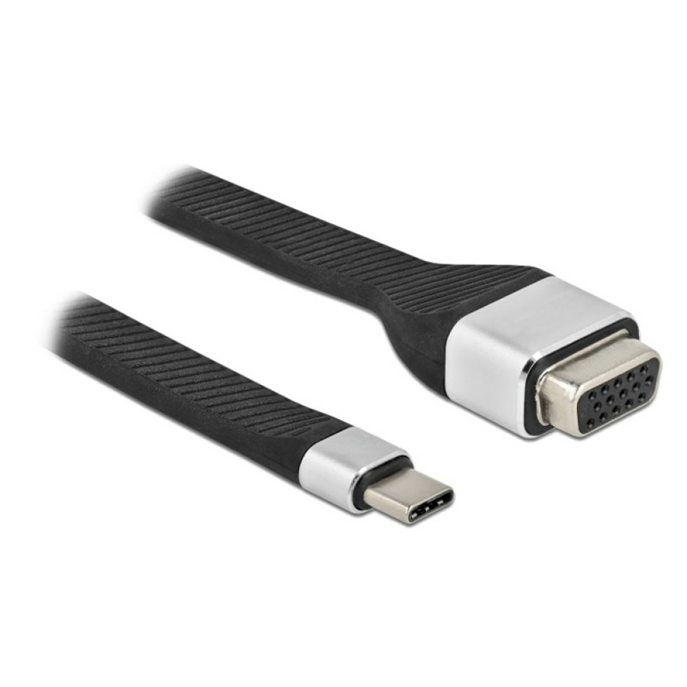 Czarny i srebrny kabel USB-C do VGA, białe tło.