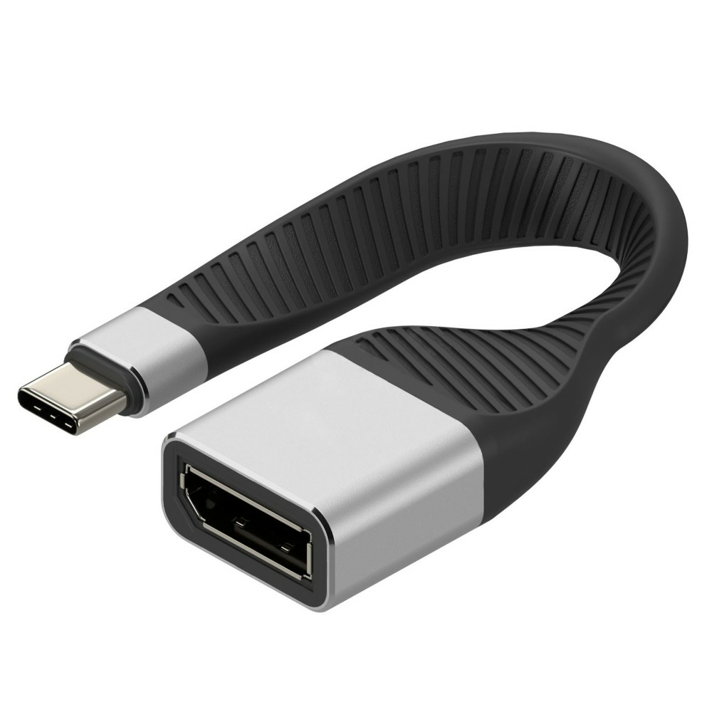 Adapter USB-C do HDMI, czarny kabel, srebrne końce. Izolowany na białym tle.
