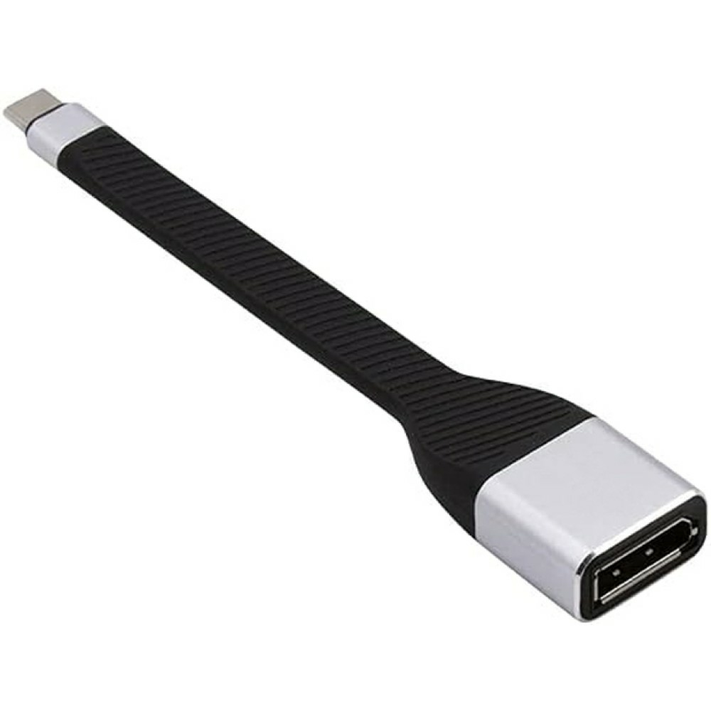 Kabel adaptera USB-C do DisplayPort z czarnym gumowanym kablem i srebrnymi końcami.