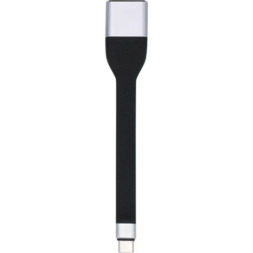 Kabel adaptera USB-C do DisplayPort, czarny kabel, srebrne końce. Izolowany na białym tle.