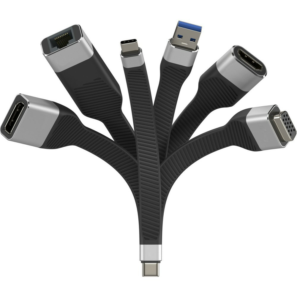 Adapter wieloportowy ze złączem USB-C, czarnymi kablami i srebrnymi portami.