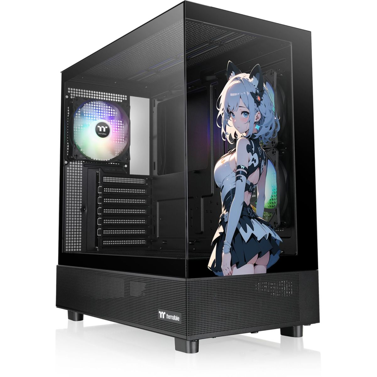 Case per computer nero con grafica di ragazza anime, pannello in vetro e ventole all'interno.