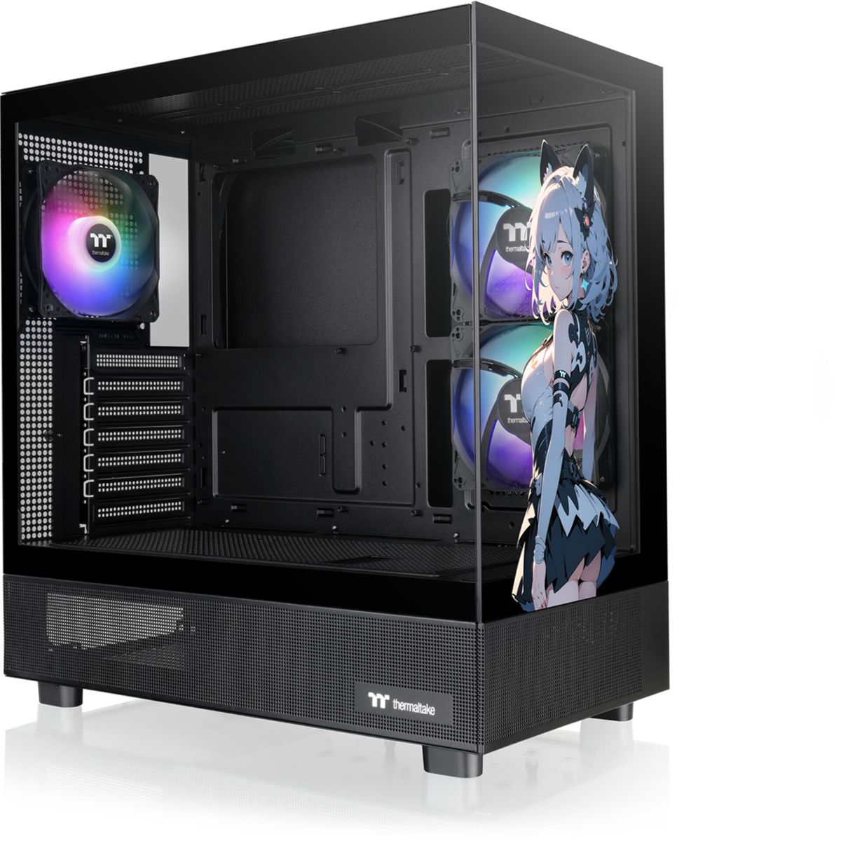 Case per computer nero con grafica di ragazza anime, pannello in vetro e più ventole visibili.