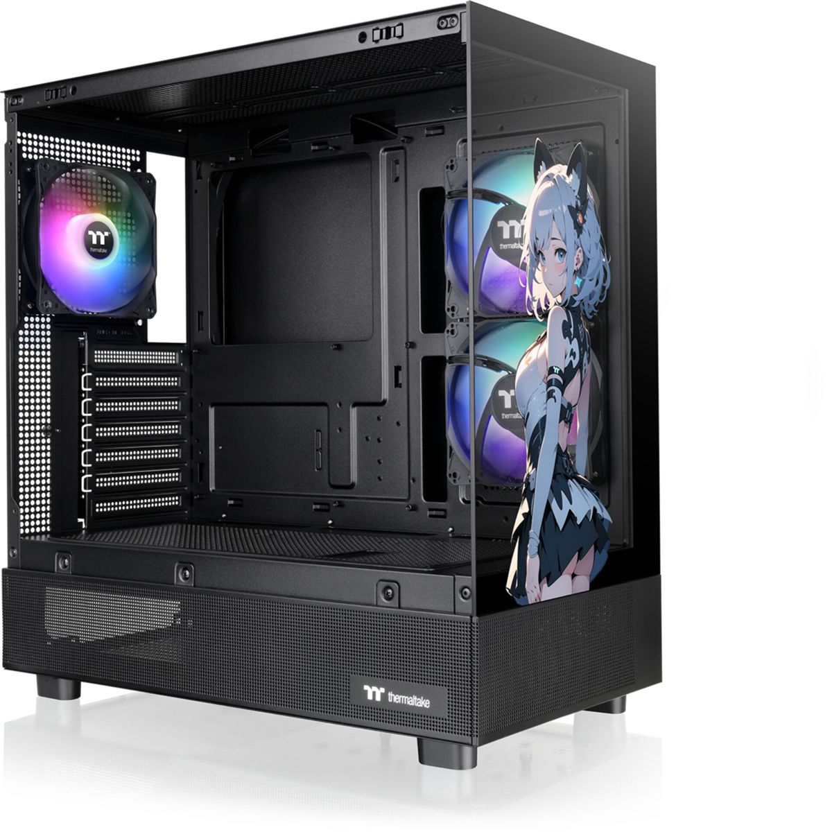 Case per PC nero con un pannello laterale che mostra un'immagine di cartone animato e ventole interne.