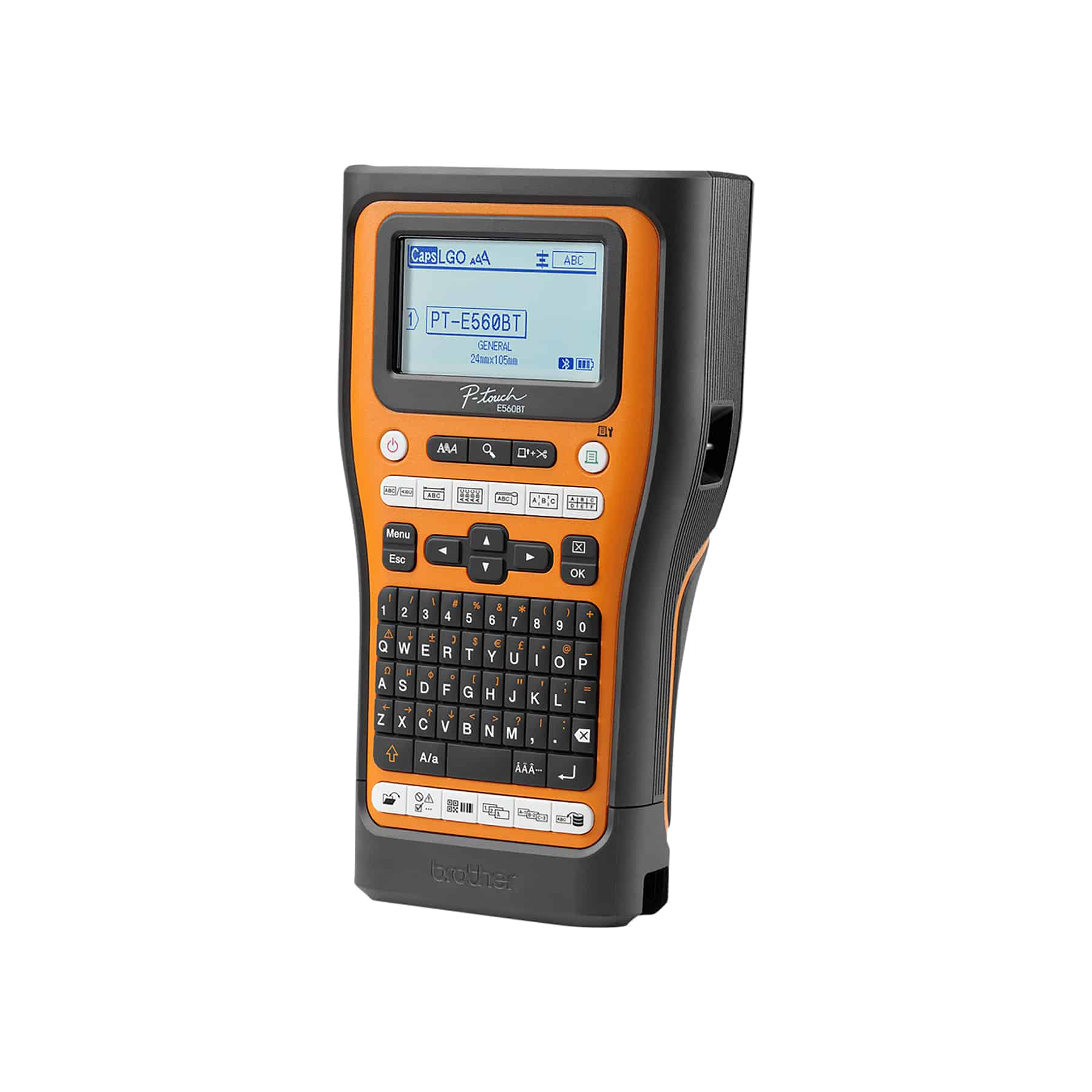 Pomarańczowo-czarna etykieciarka z klawiaturą, ekranem i przyciskami, widok z boku.