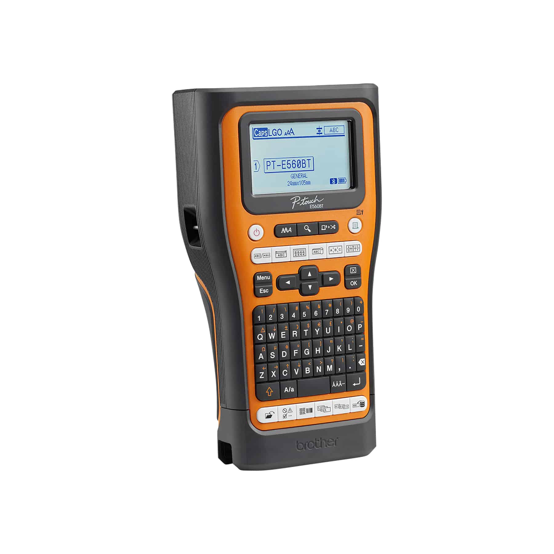 Pomarańczowo-czarna etykieciarka z klawiaturą, ekranem i przyciskami, widok z boku, na białej powierzchni.