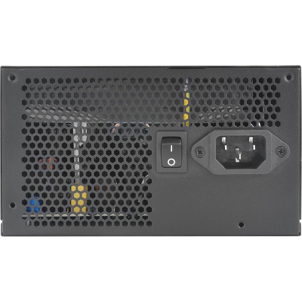 Czarny zasilacz PC, widok z tyłu, z włącznikiem, portami i konstrukcją wentylacji o strukturze plastra miodu.