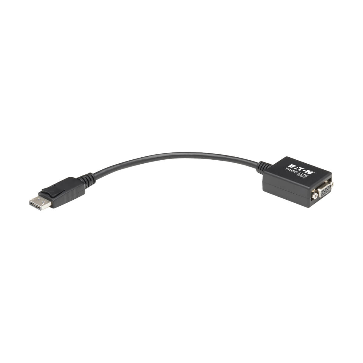 Czarny kabel adaptera. Jeden koniec to DisplayPort, drugi to VGA.