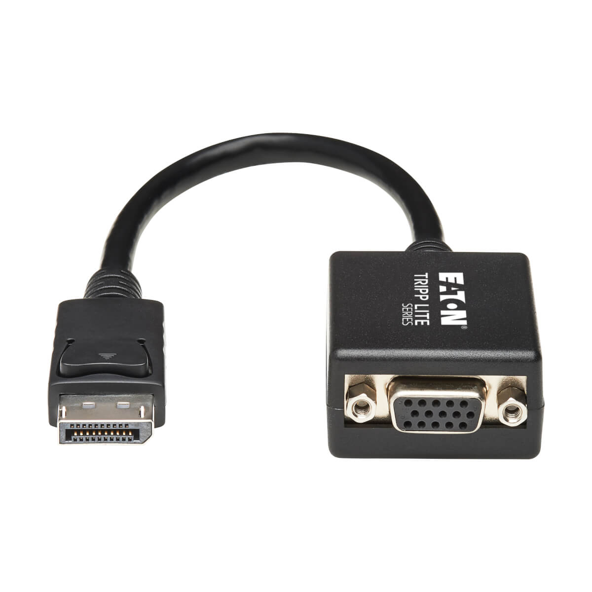Czarny kabel adaptera DisplayPort do VGA na białym tle.