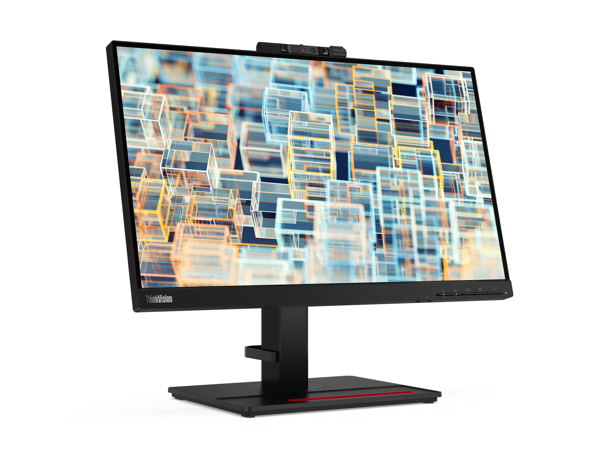Schwarzer Computermonitor mit abstraktem Muster, Kamera und Ständer, auf weißem Grund.