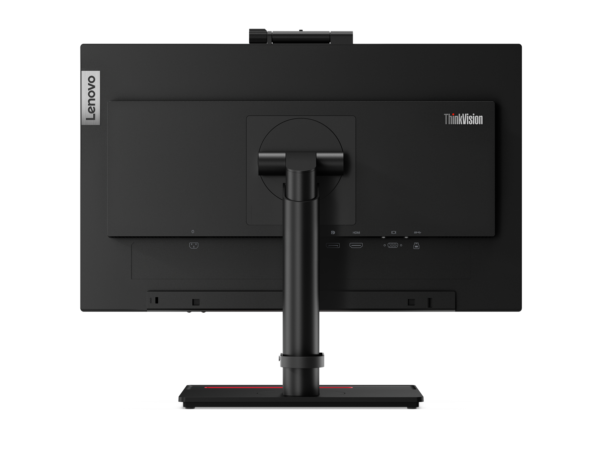 Die Rückseite eines schwarzen Monitors mit Lenovo-Logo und Anschlüssen. Er hat einen Ständer und Kameraanschluss.