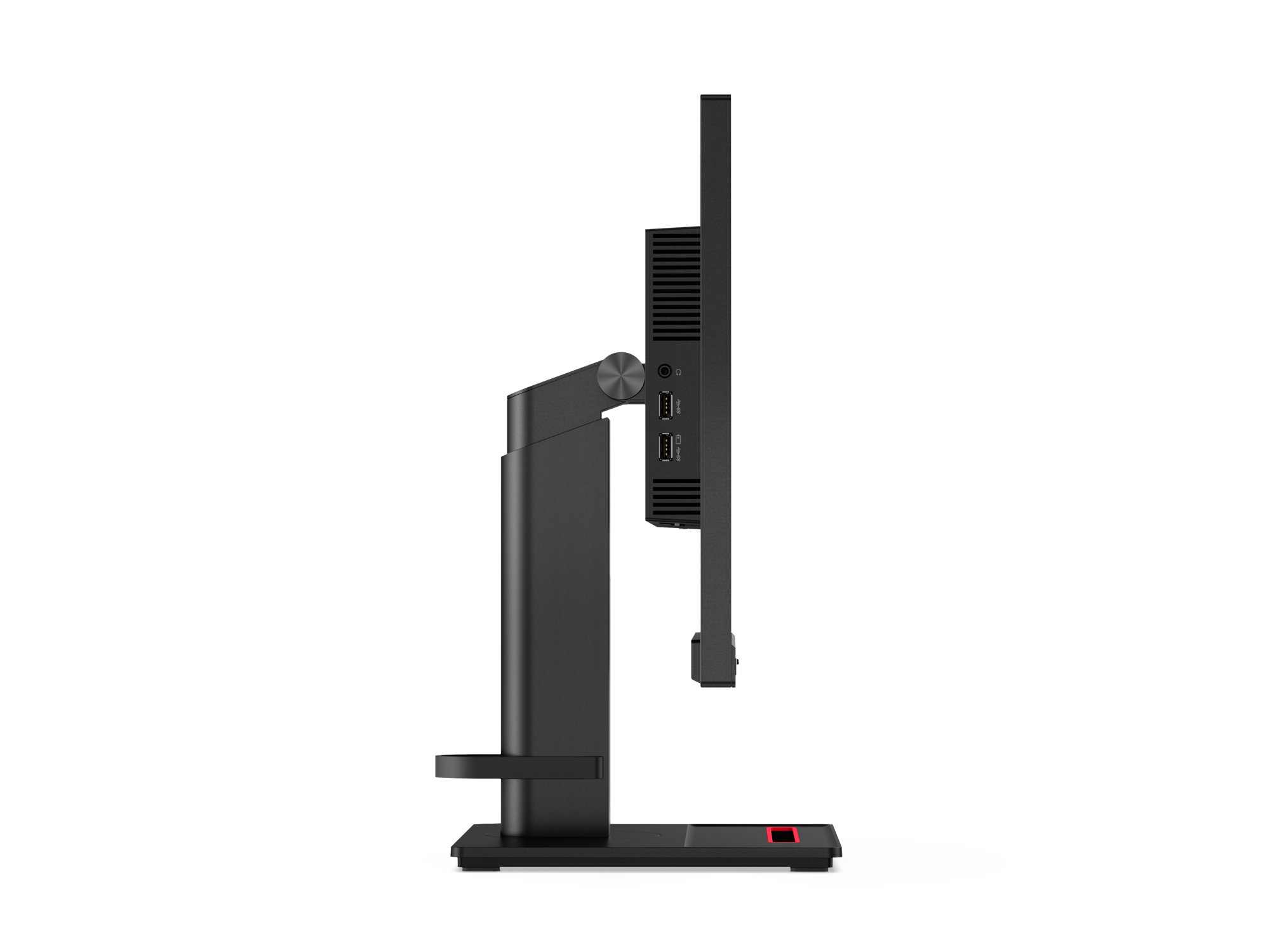 Seitenansicht eines schwarzen Computermonitors mit Anschlüssen, auf weißem Hintergrund.