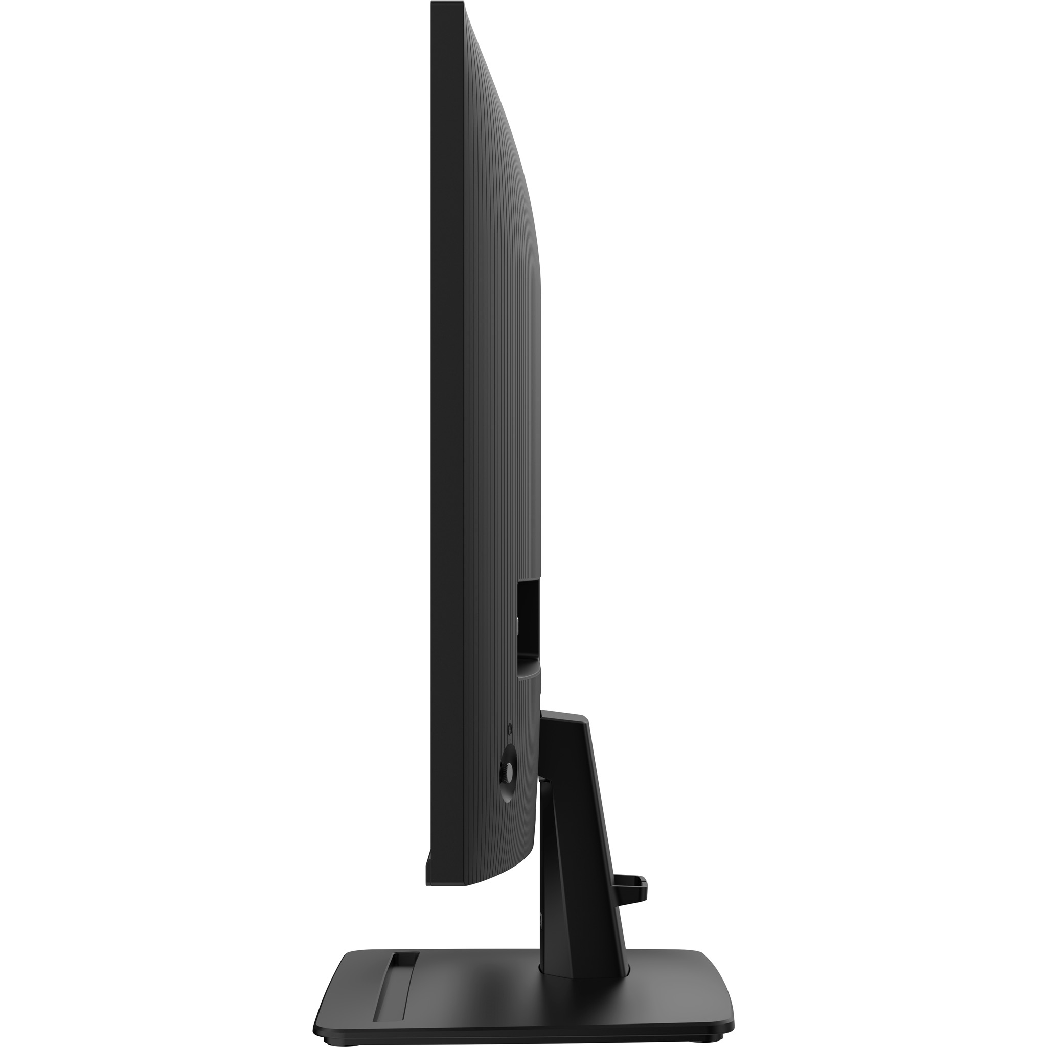 Un monitor de computadora negro con soporte, visto de lado.