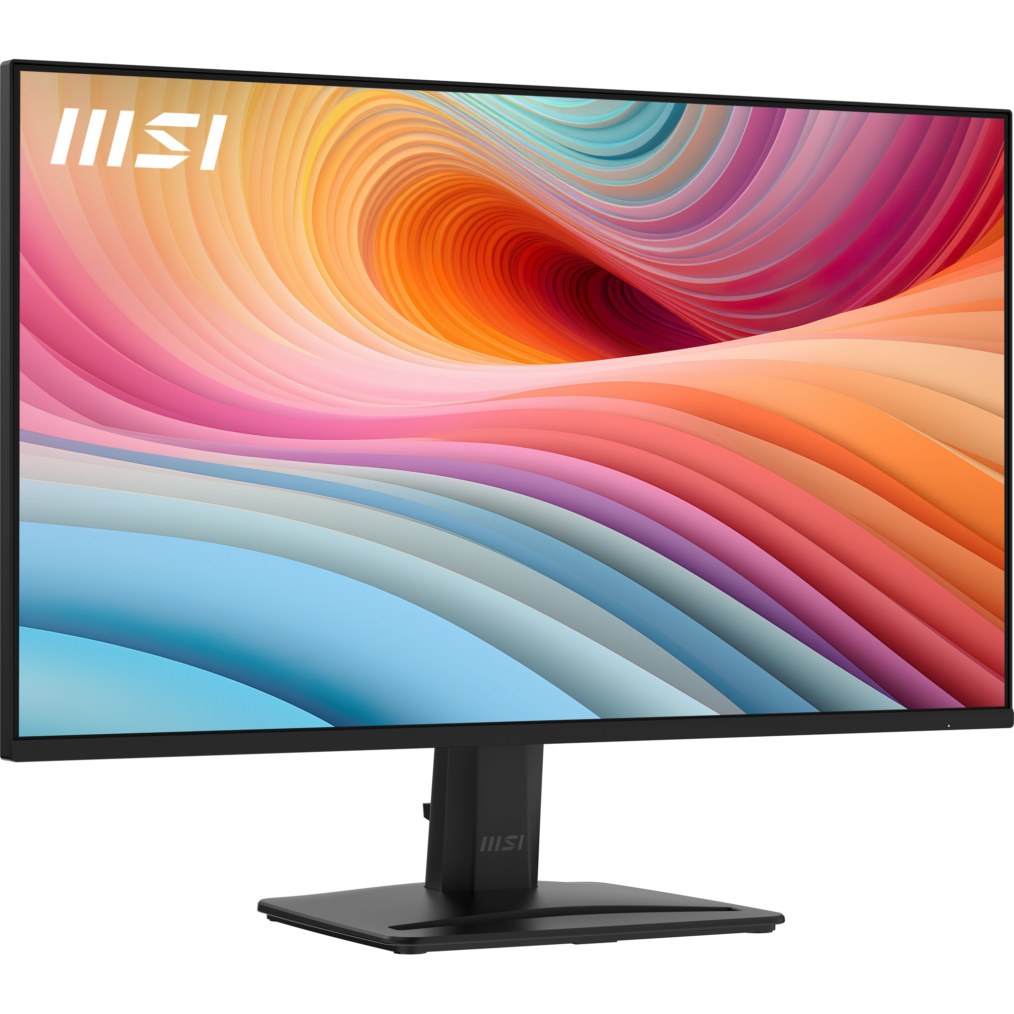 Un monitor MSI negro que muestra un gráfico abstracto y colorido. El logotipo de MSI es visible.