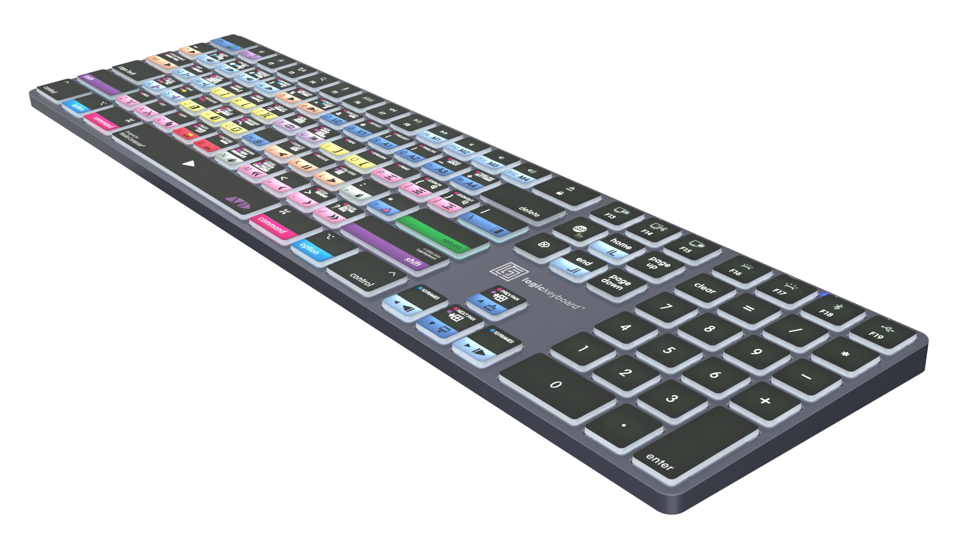 Tastiera con tasti colorati, progettata per Media Composer. Base nera con tasti bianchi e grigi.