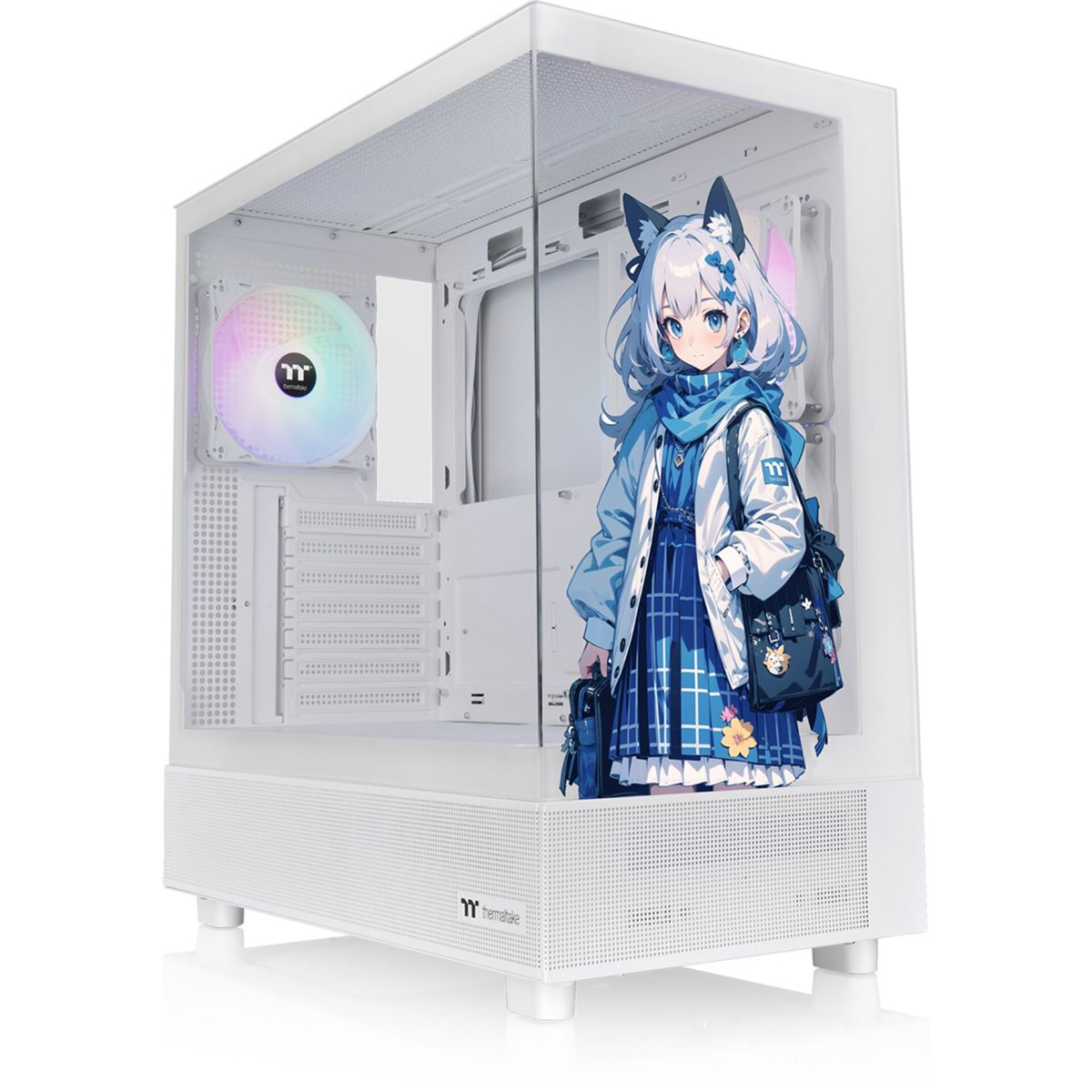 Case PC bianco con adesivo ragazza anime. Ventole con luci arcobaleno. Pannello laterale in vetro trasparente. Logo Thermaltake.