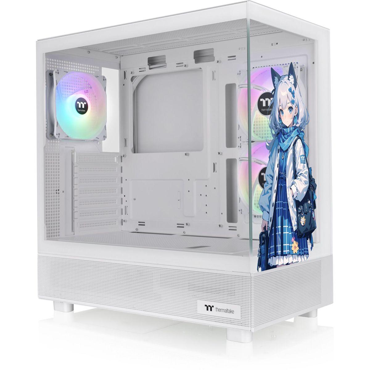 Case PC bianco con adesivo ragazza anime. Ventole con luci arcobaleno. Pannello laterale in vetro trasparente. Logo Thermaltake.