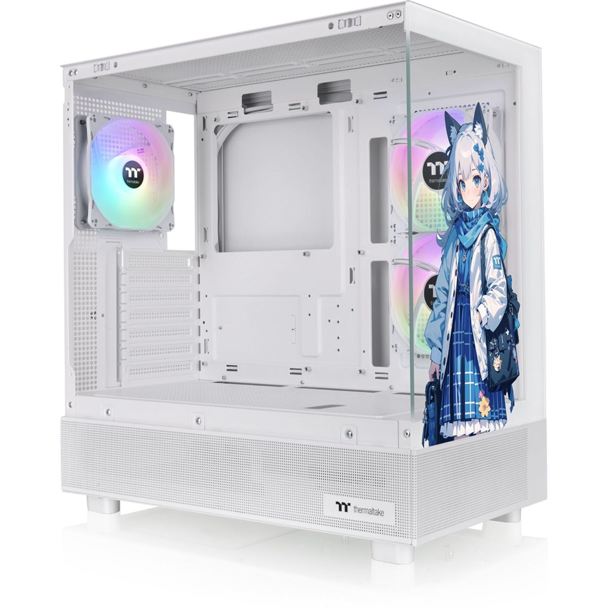 Case PC bianco con adesivo ragazza anime. Ventole con luci arcobaleno. Pannello laterale in vetro trasparente. Logo Thermaltake.