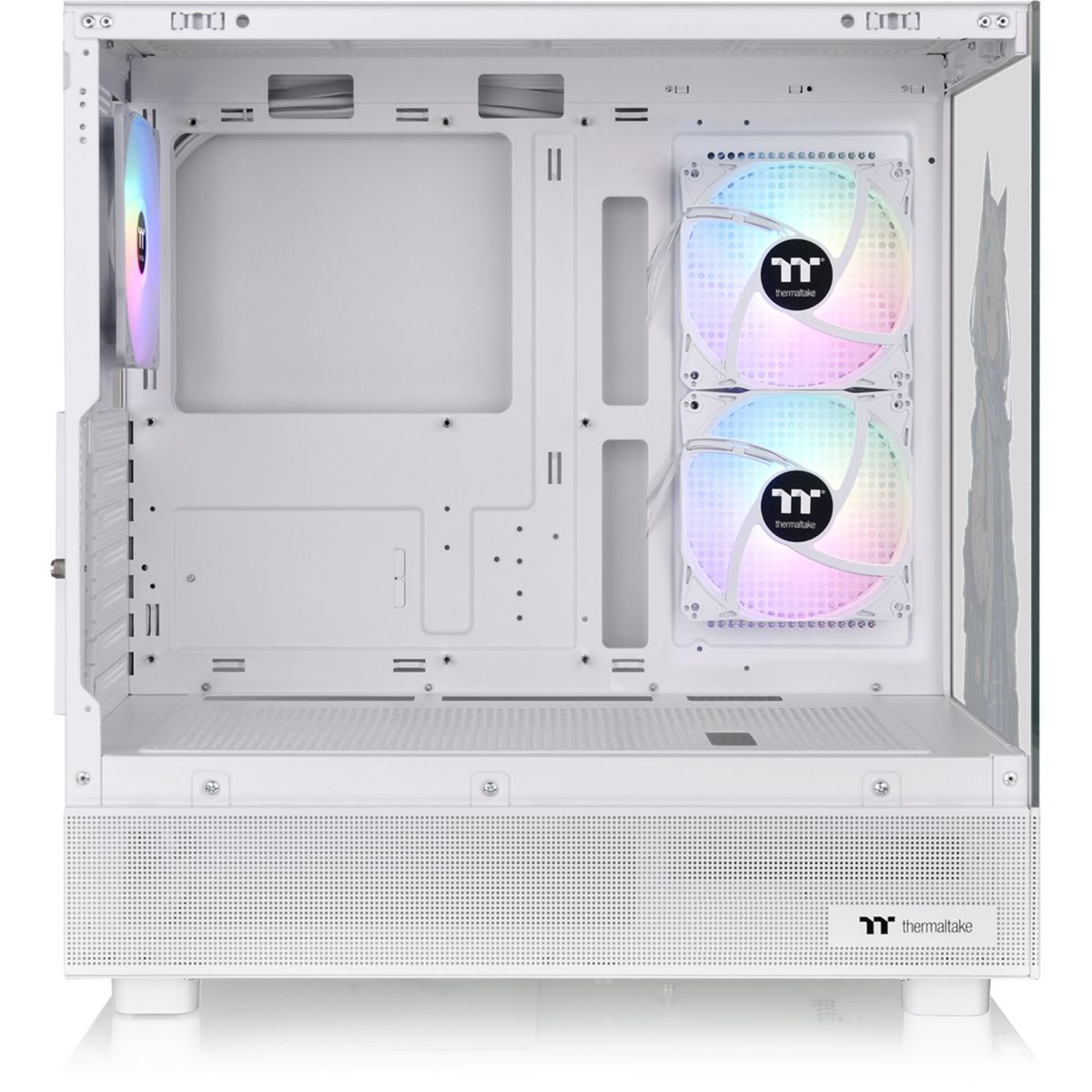 Case PC bianco con ventole. Luci arcobaleno all'interno. Pannello laterale in vetro trasparente. Logo Thermaltake.