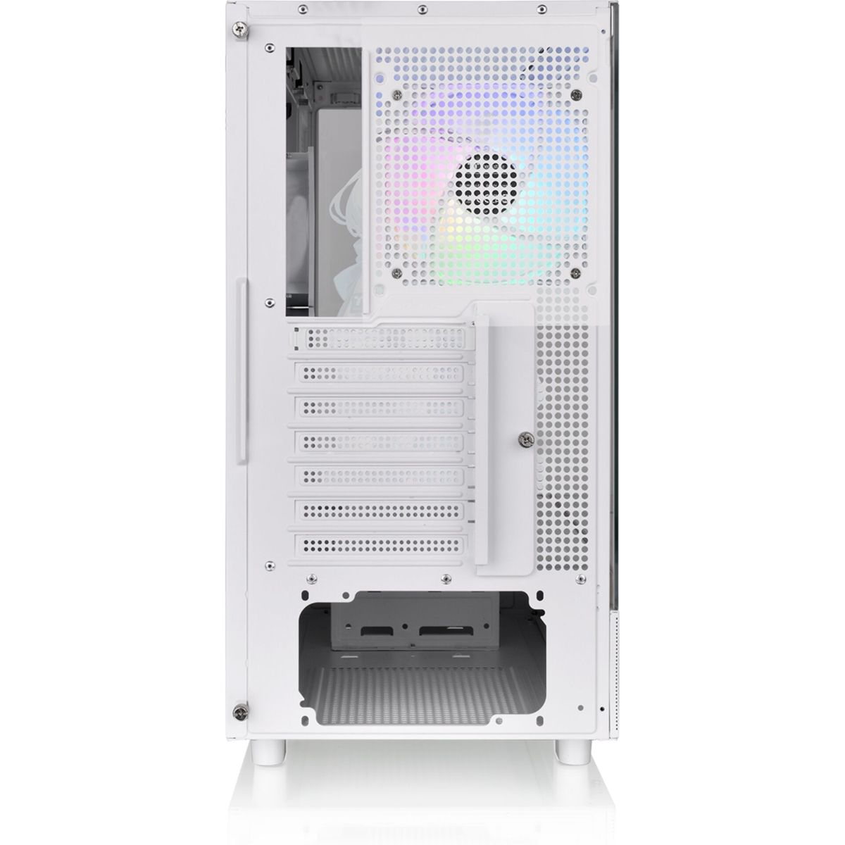 Case PC bianco. Luci arcobaleno all'interno. Pannello laterale in vetro trasparente. Logo Thermaltake.