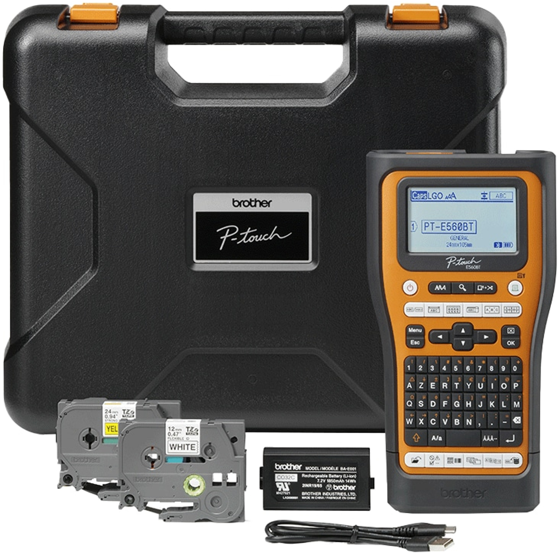 Zestaw do tworzenia etykiet z walizką, etykieciarką, etykietami, baterią i kablem.