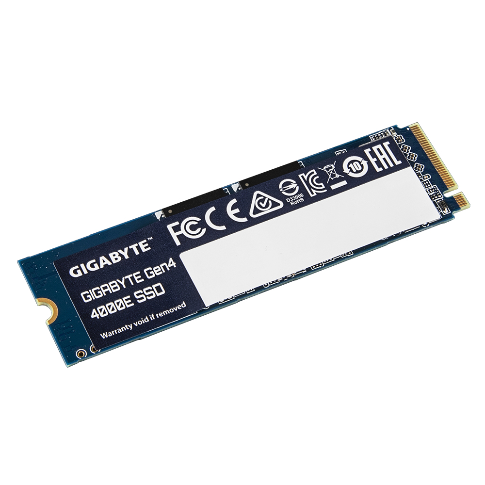 Niebieski dysk SSD GIGABYTE Gen4 4000E na białym tle.