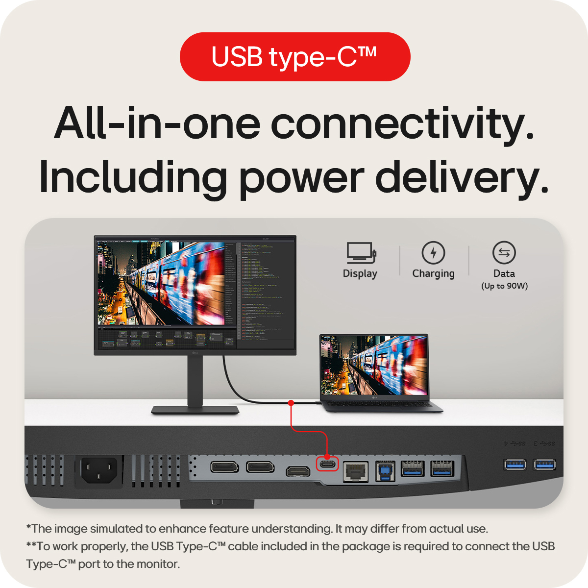 Una configurazione monitor USB-C con un laptop collegato, che mostra varie connessioni di porte.