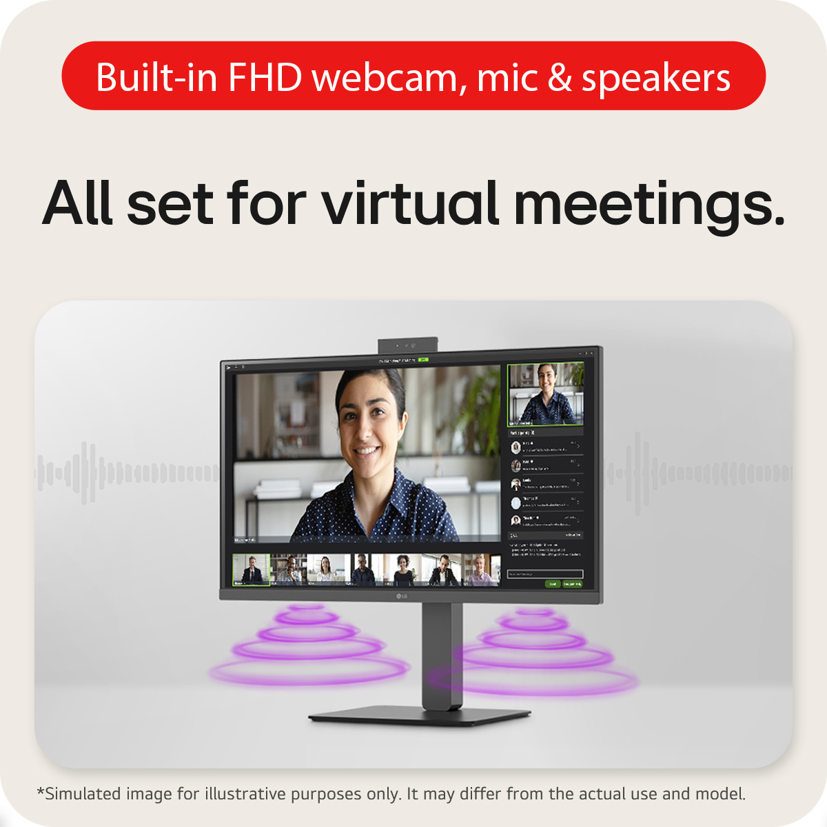 Un monitor con webcam mostra una videochiamata. Testo: Tutto pronto per le riunioni virtuali.