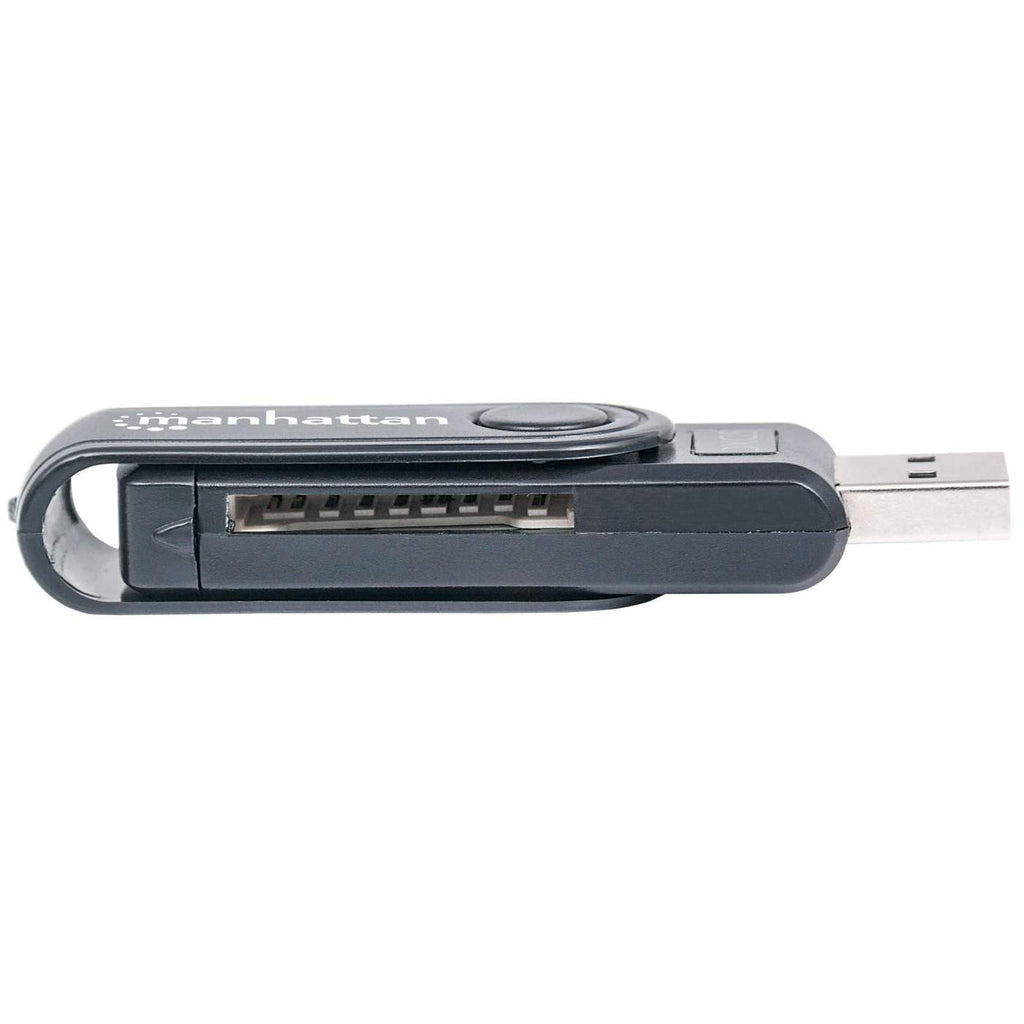 Un lettore di schede USB Manhattan nero visto dall'alto, su sfondo bianco.