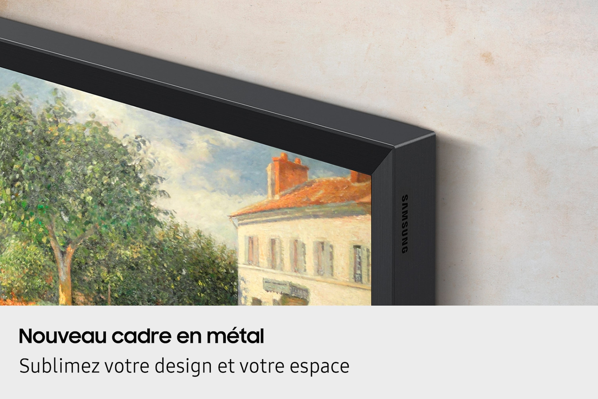 Czarna rama telewizora z częścią obrazu budynku i drzew.