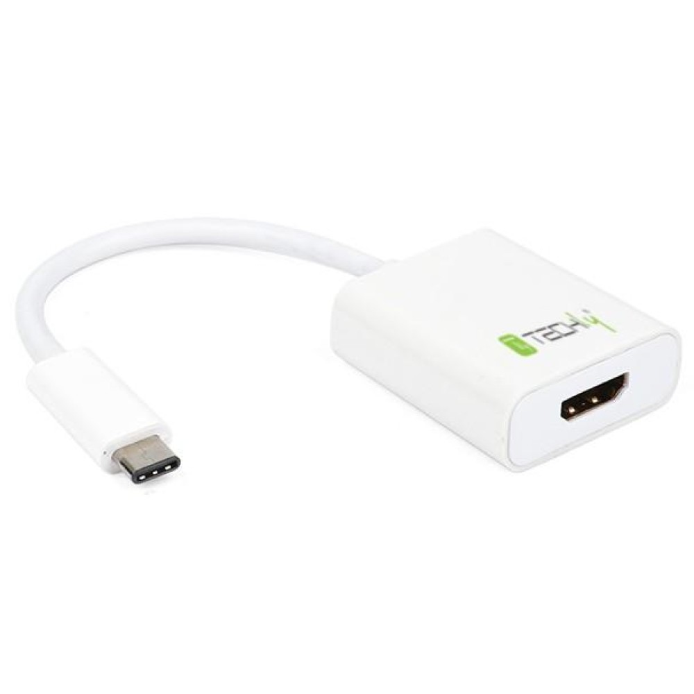 Biały adapter USB-C na HDMI, pokazujący złącza.
