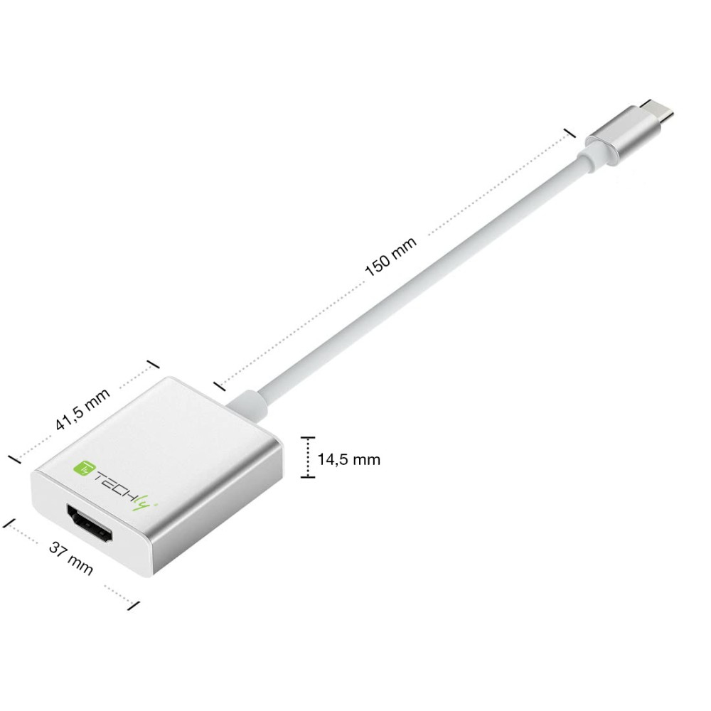 Biały adapter HDMI na USB-C z wymiarami.
