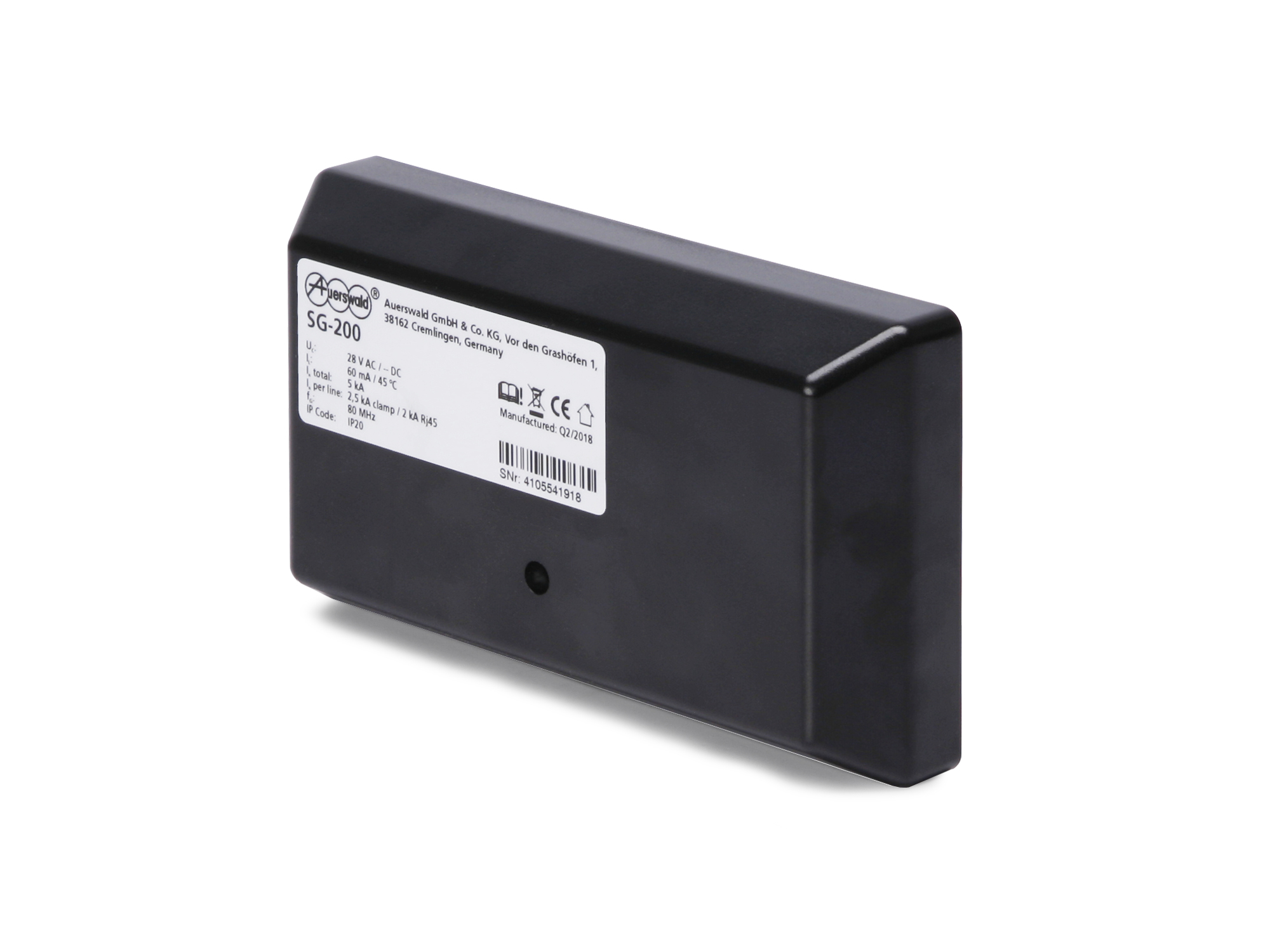 Ein schwarzes rechteckiges elektronisches Gerät mit weißem Etikett und Text.