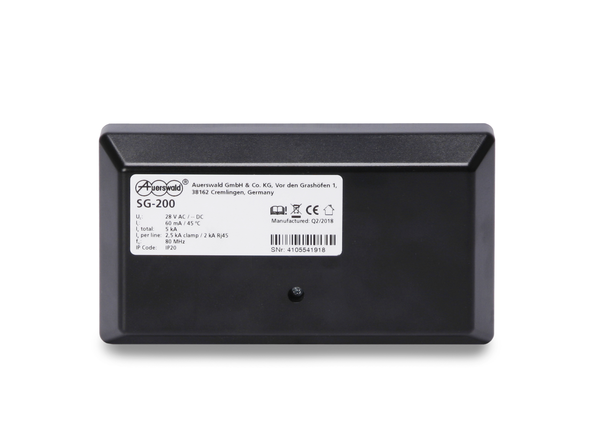 Schwarzes rechteckiges Gerät, Modell SG-200, mit weißem Etikett und Logo, auf weißem Grund.