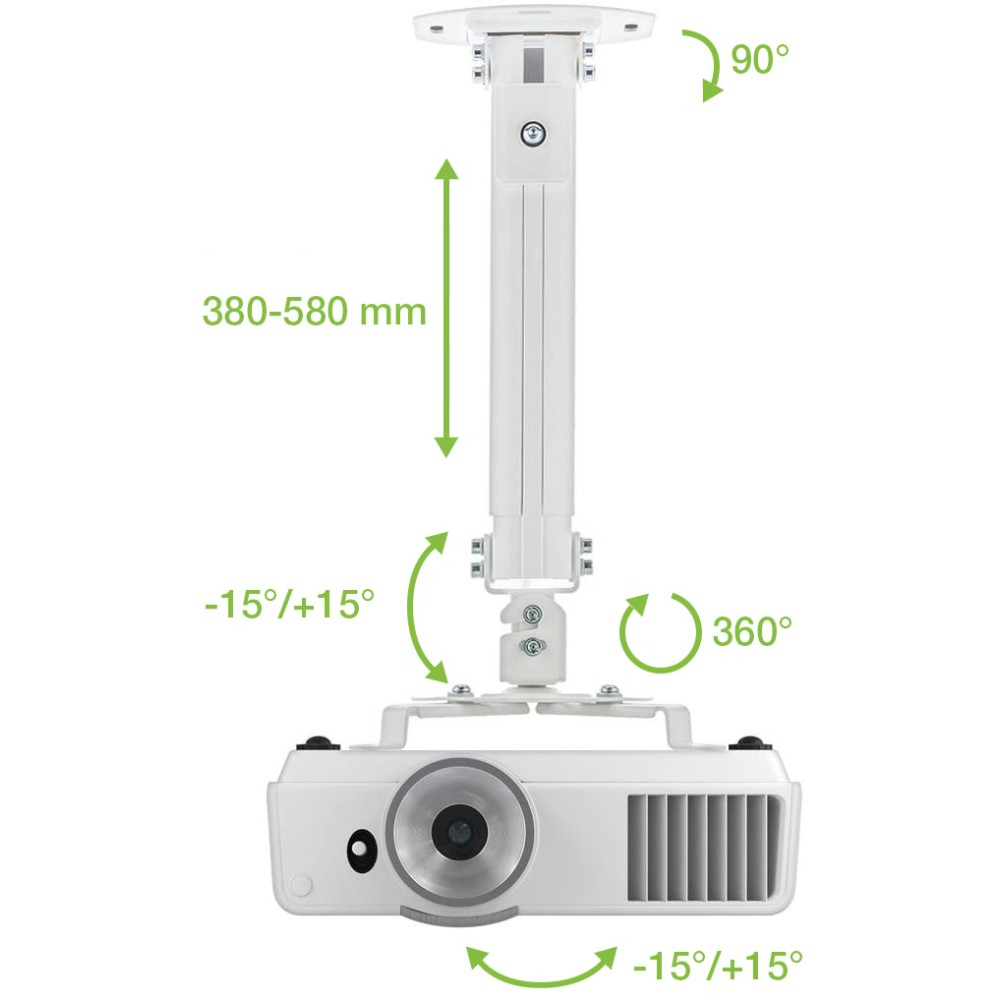 Biały projektor z regulowanym ramieniem montażowym, pokazujący kąty i zakres.
