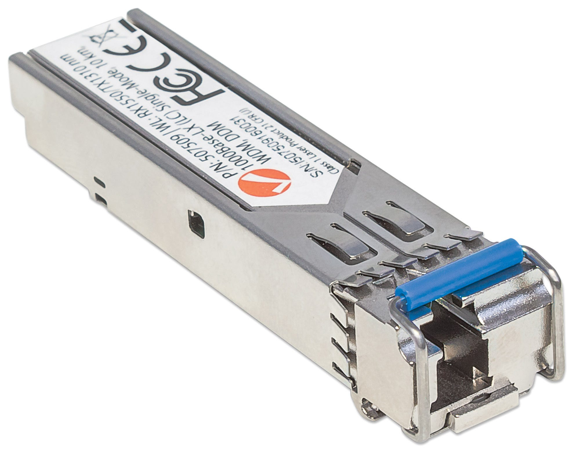 Metallischer SFP-Transceiver mit blauem Zuglasche, Etiketten und Anschlüssen. Es ist ein kleines Gerät.