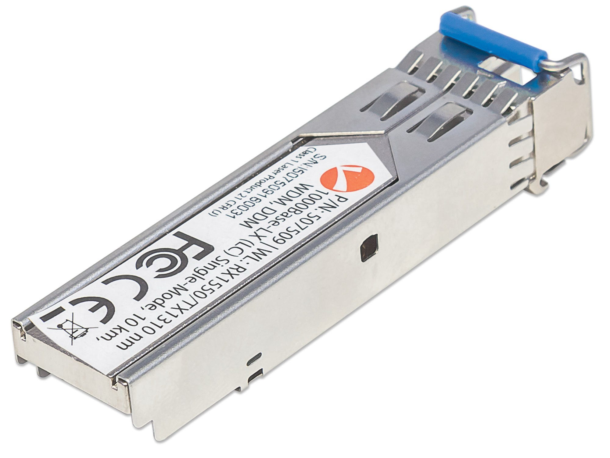 Ein metallischer SFP-Transceiver mit blauem Verschluss, beschriftet mit Text.