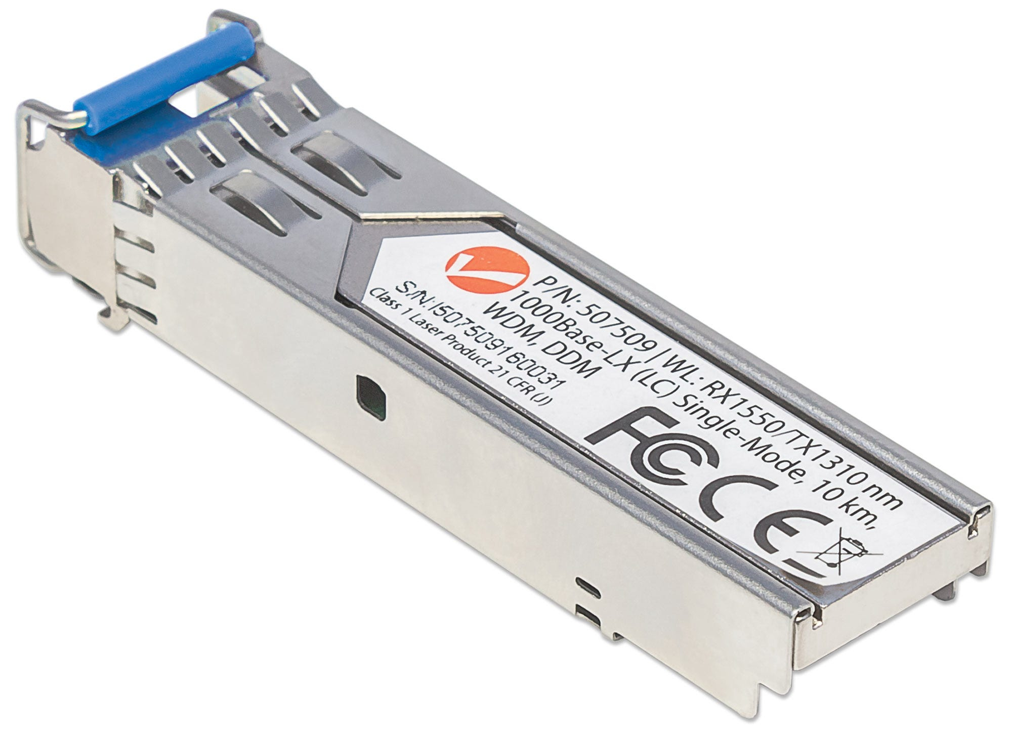 Ein metallischer SFP-Transceiver mit blauem Verschluss, beschriftet mit Text.