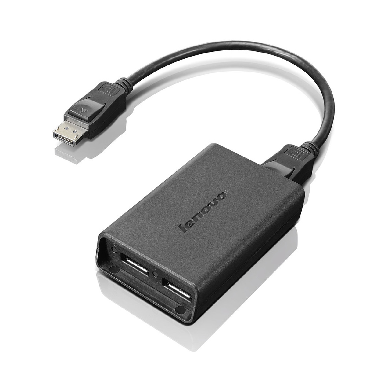 Adaptador Lenovo negro con dos puertos USB, conector DisplayPort y cable.