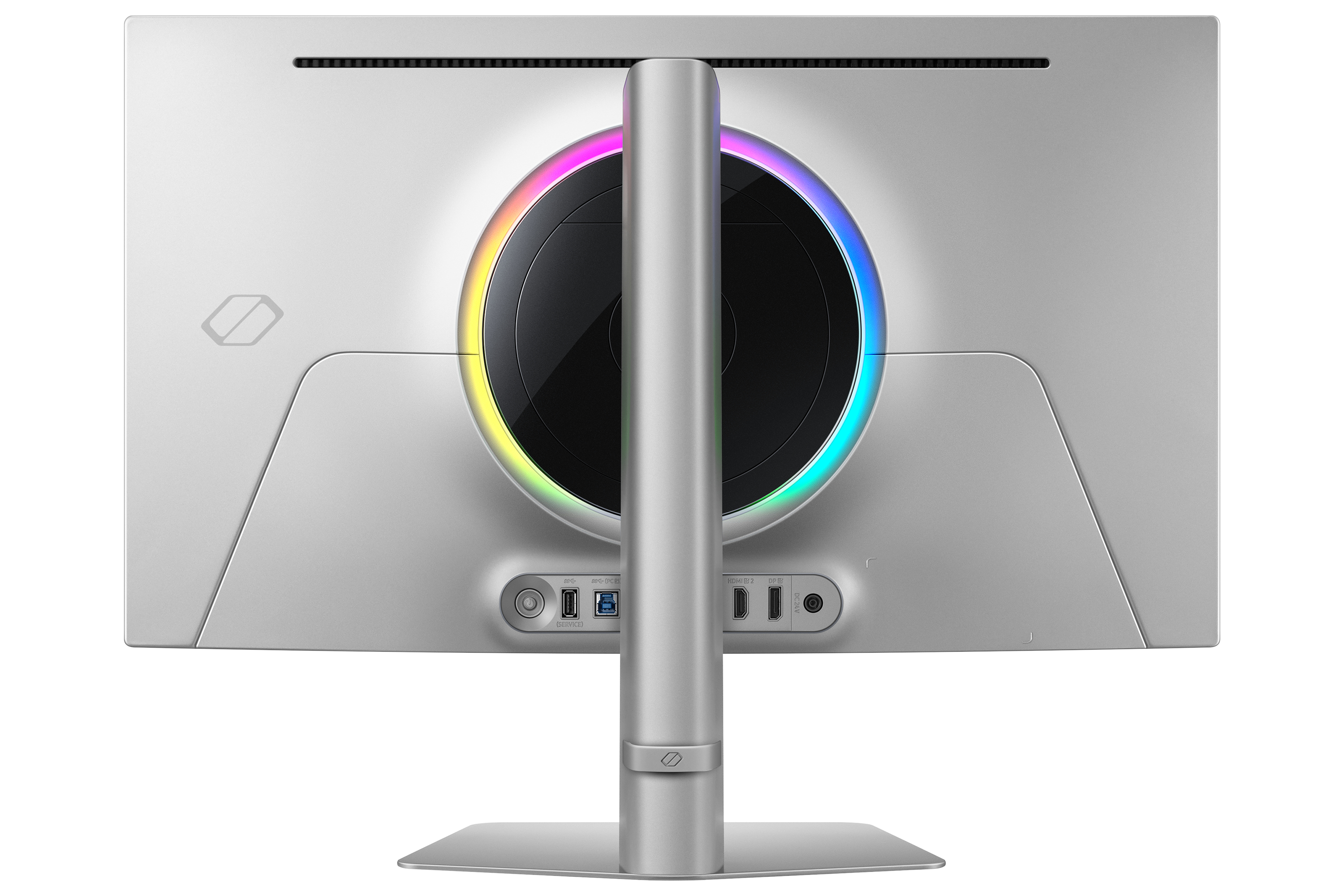 Vista posteriore di un monitor grigio con luce circolare. Porte e supporto sottostanti visibili.