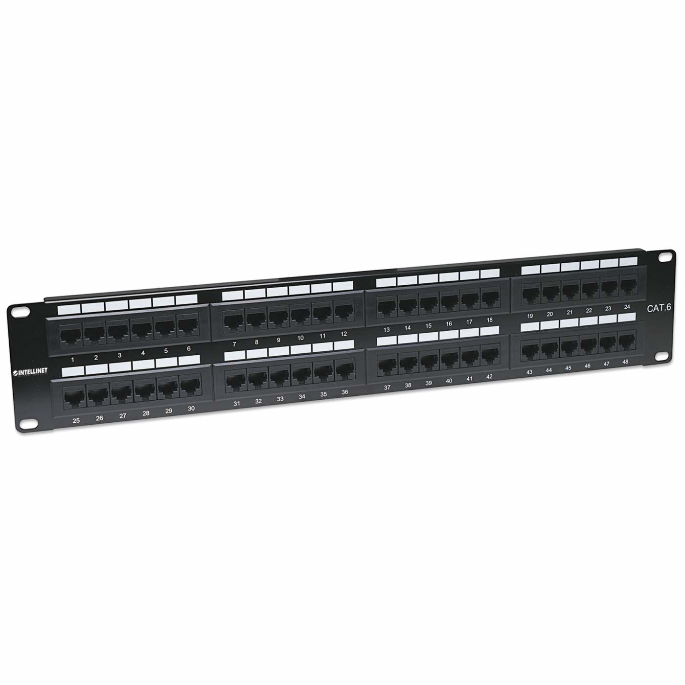 Pannello di permutazione Intellinet nero con 48 porte, etichette e sfondo bianco.