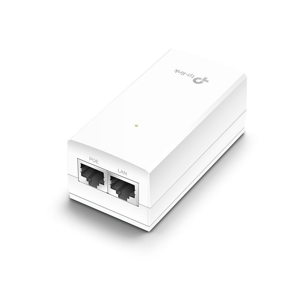 Białe urządzenie TP-Link z portami POE i LAN. Zielone światło na górze.