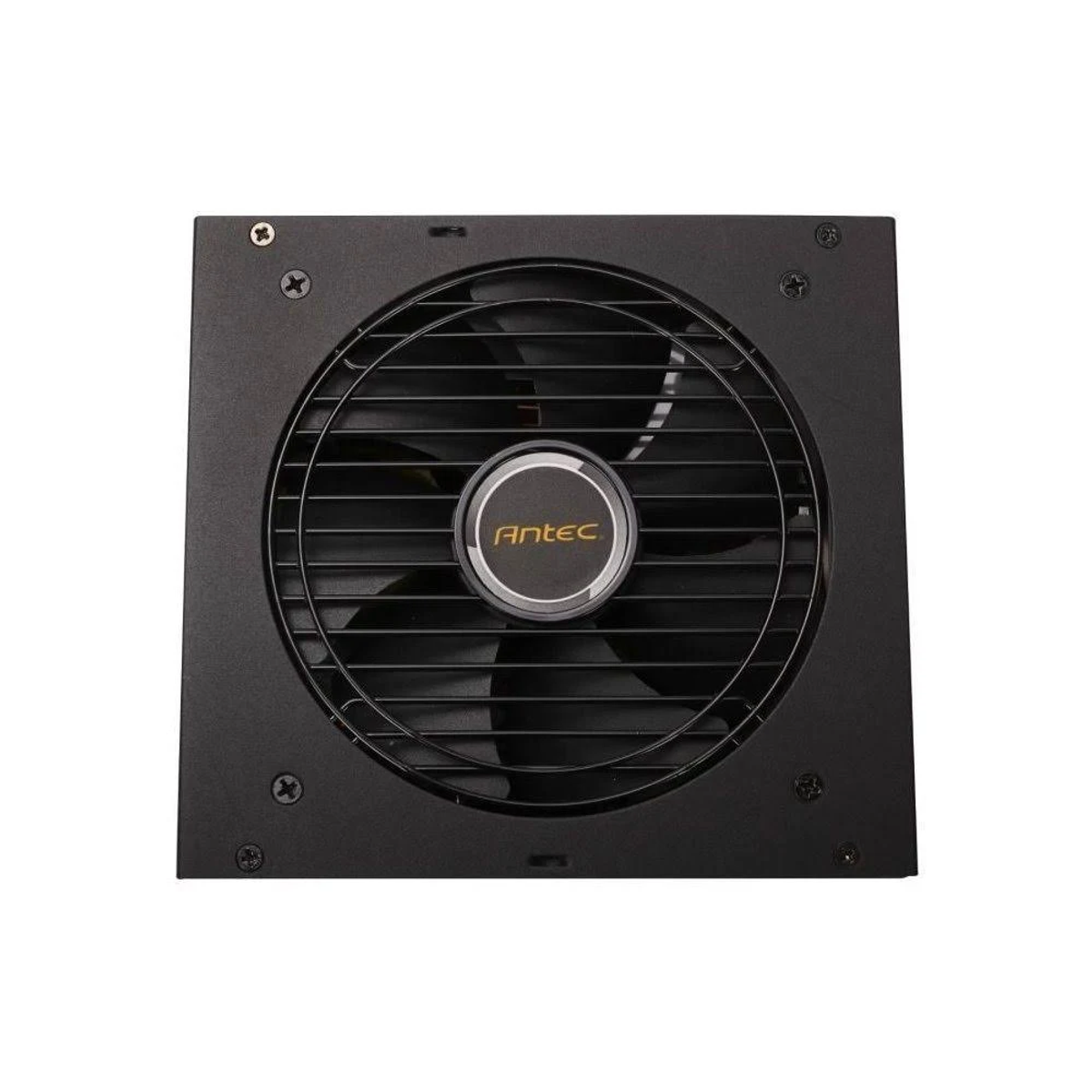Zwarte computer voeding met zichtbare ventilator. 'ANTEC' logo in het midden.