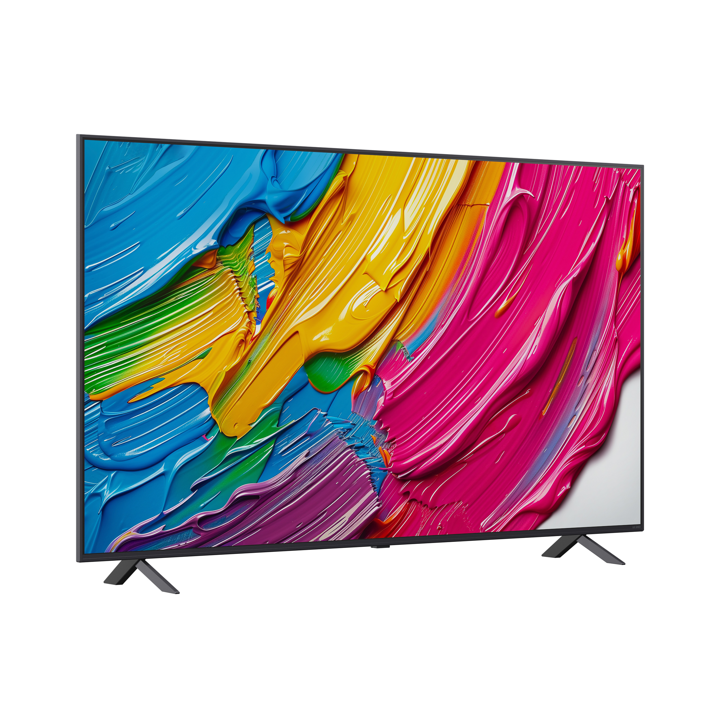 TV che mostra pennellate colorate. Ha una cornice nera e si trova su uno sfondo bianco.