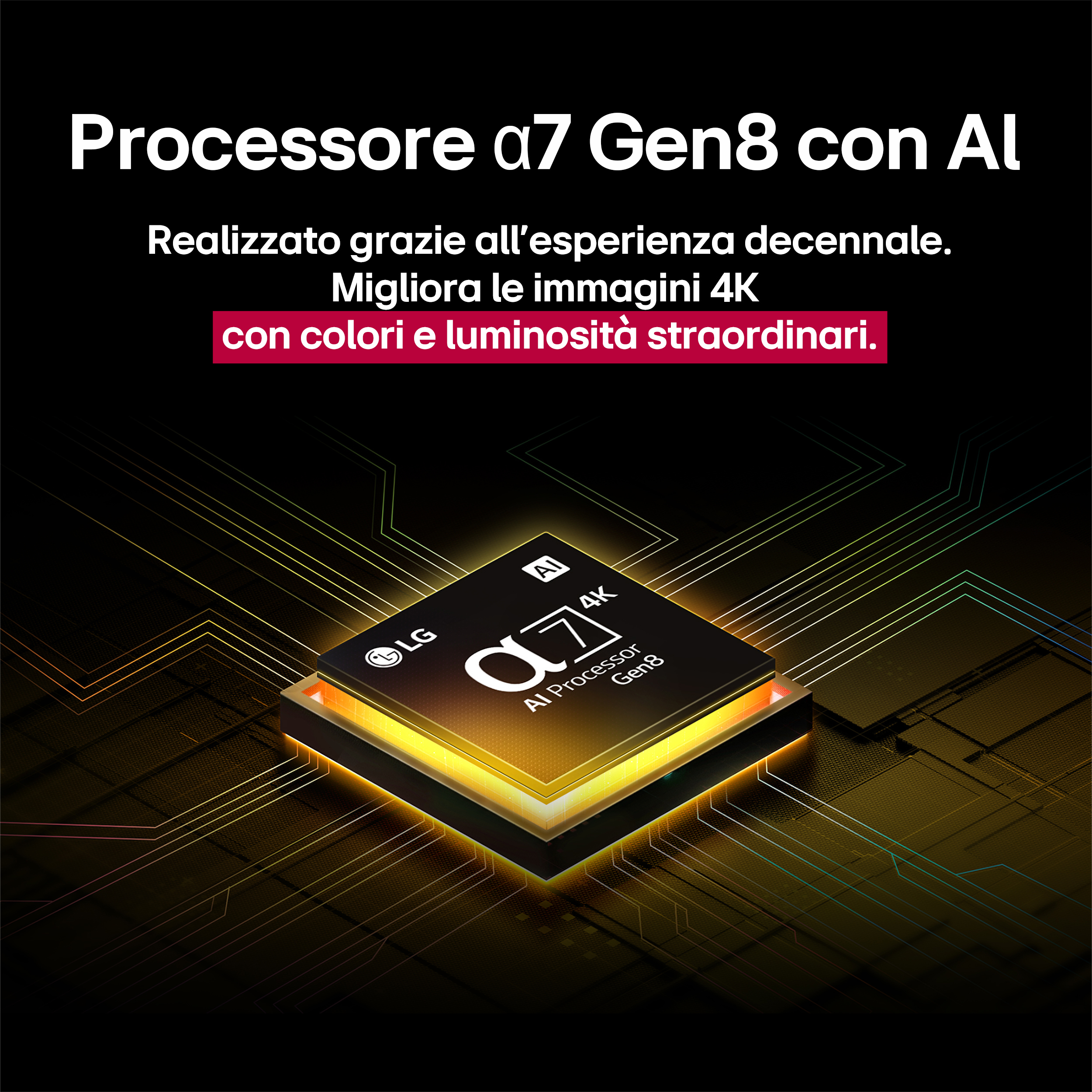 Zbliżenie procesora telewizora z tekstem „Processore a7 Gen8 con AI”.