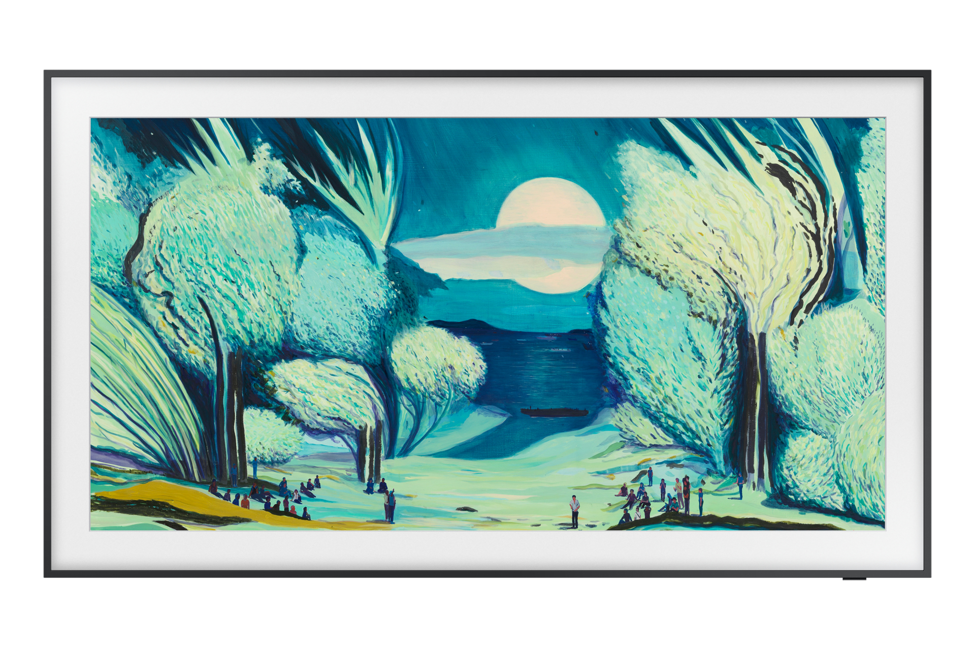 Opera d'arte su schermo TV con cornice, raffigurante un paesaggio.