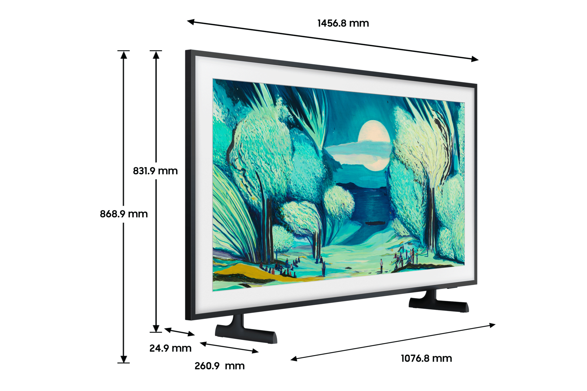 Płaski telewizor z kolorowym abstrakcyjnym obrazem na ekranie.