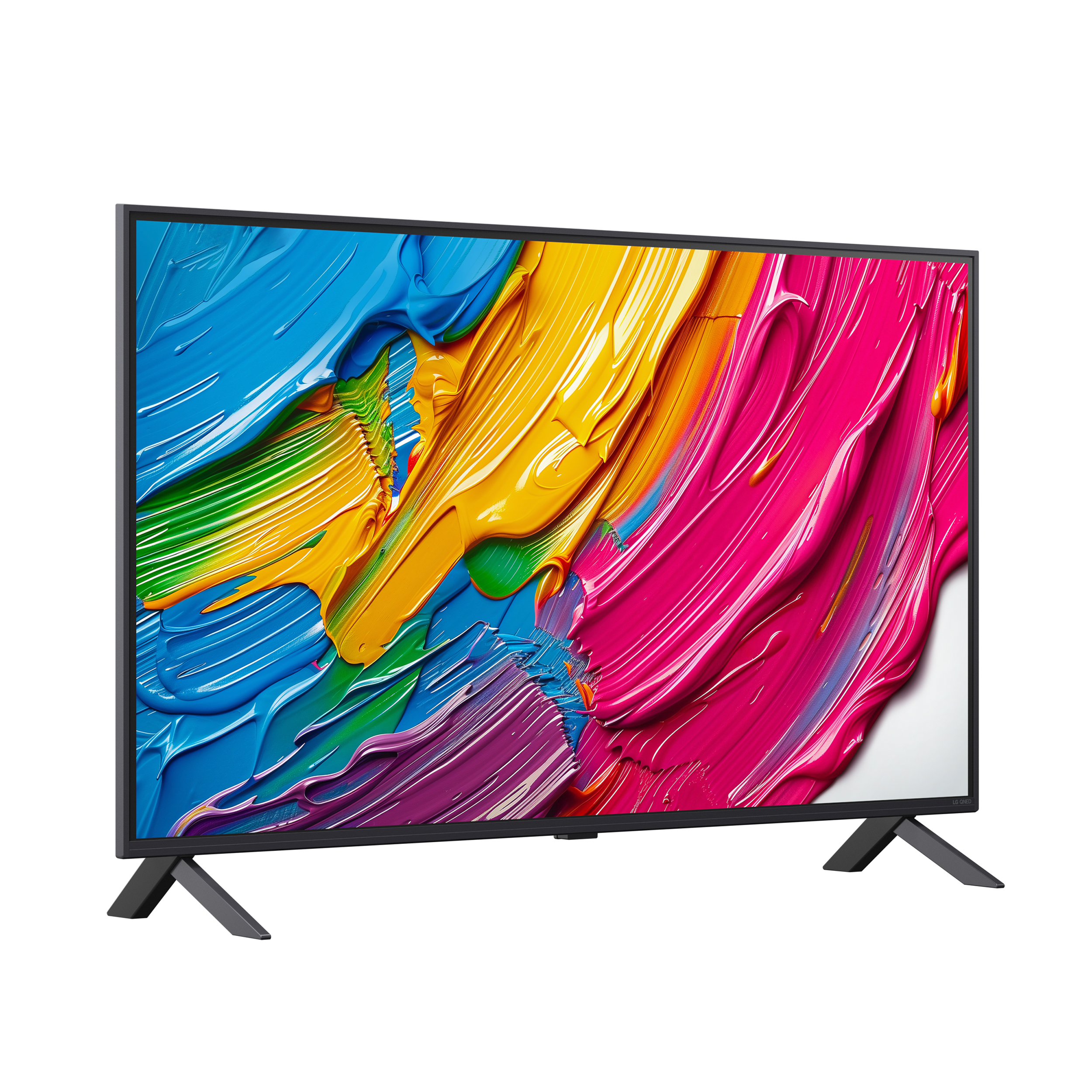 Fernseher, der bunte, abstrakte Farbstriche zeigt, auf weißer Oberfläche.
