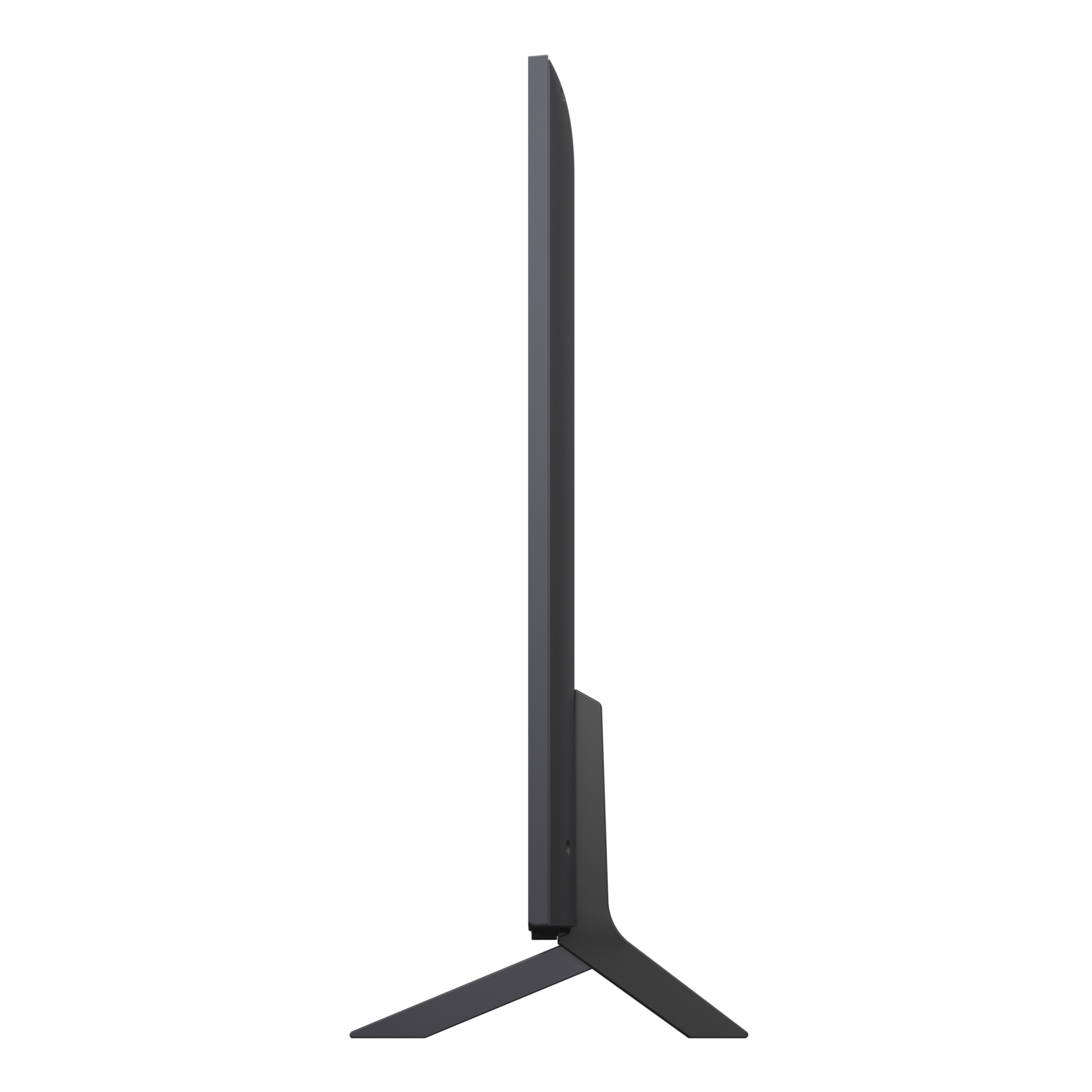 Seitenansicht eines dunkelgrauen Fernsehers mit Ständer. Der Bildschirm ist ausgeschaltet, vor weißem Hintergrund.